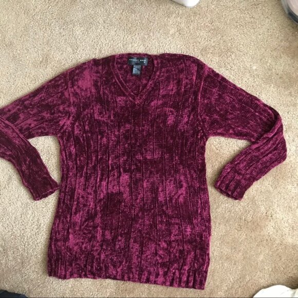 August Silk Vintage Chenille Knit Sweater Ribbed V Neck Soft Preppy Velvet Red M - Picture 2 of 11